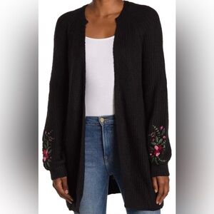 🆕🌸 By Design Black Open Knit Embroidered Cardigan Sweater Size S Floral Boho